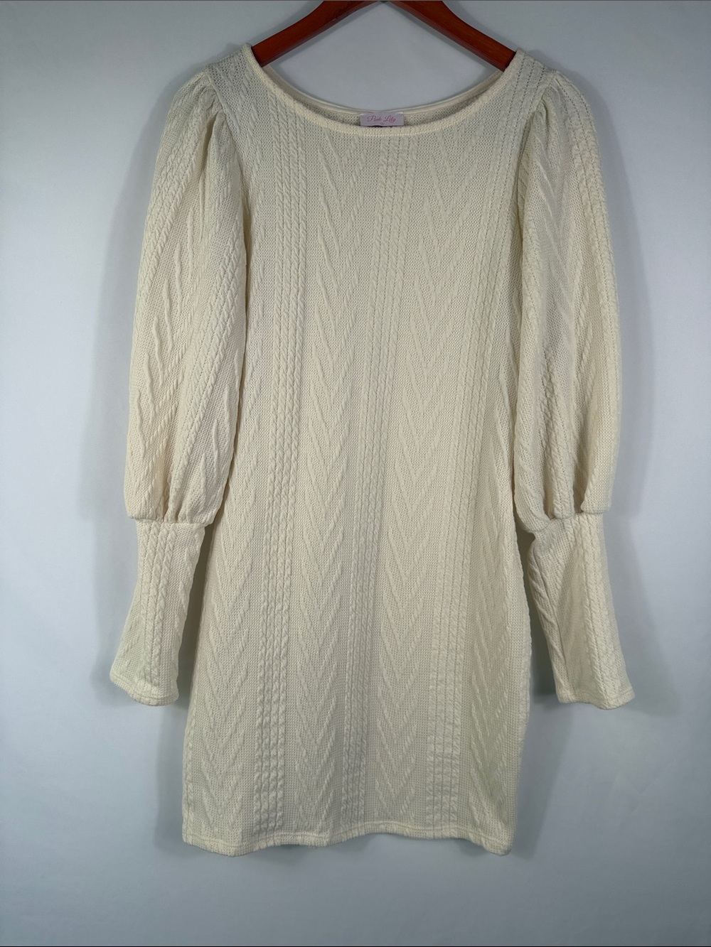 Pink Lily Cream Cable-Knit Puff-Sleeve Dress. Womens Size‎ L